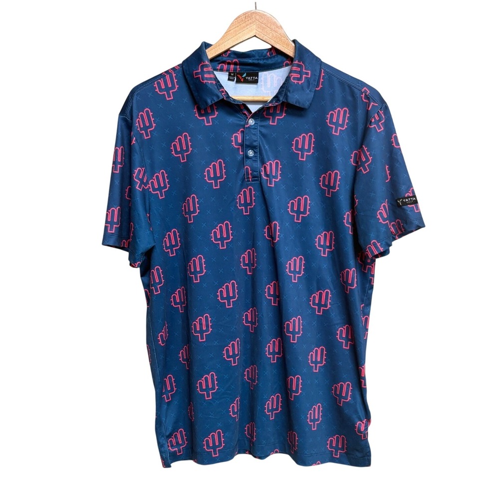Yatta Golf Mens Blue Pink Cactus Print Short Sleeve Performance Polo Shirt M